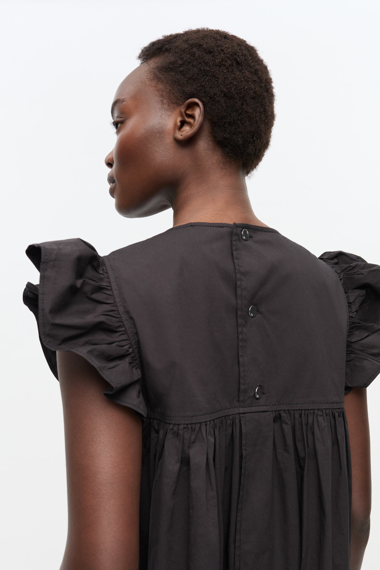 Black Stretch Cotton Frill Sleeve Dress, Elastane, in colour Black - 4 - GANNI