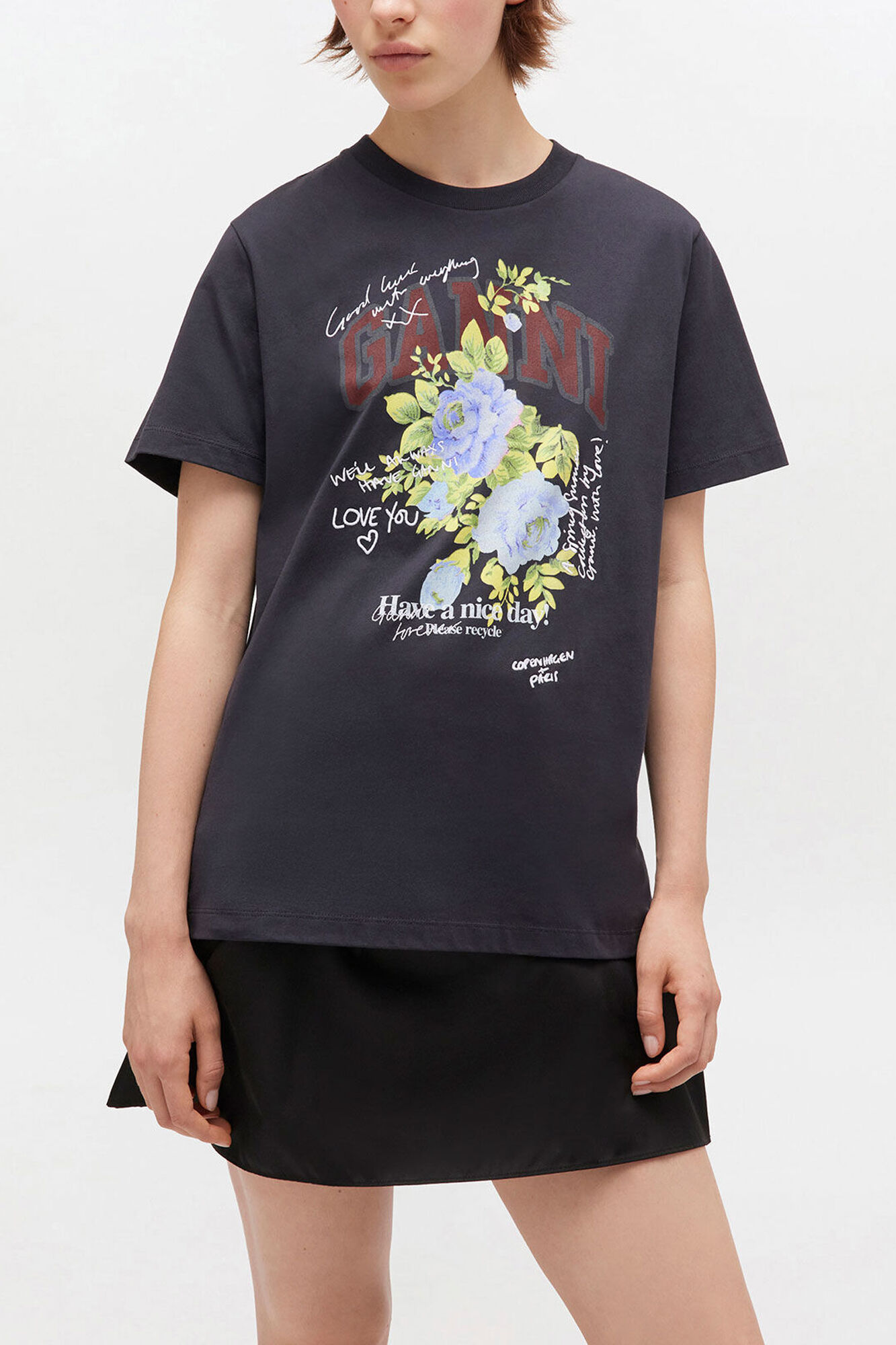 Sort T-shirt med roseprint, Organic Cotton, in colour Phantom - 1 - GANNI