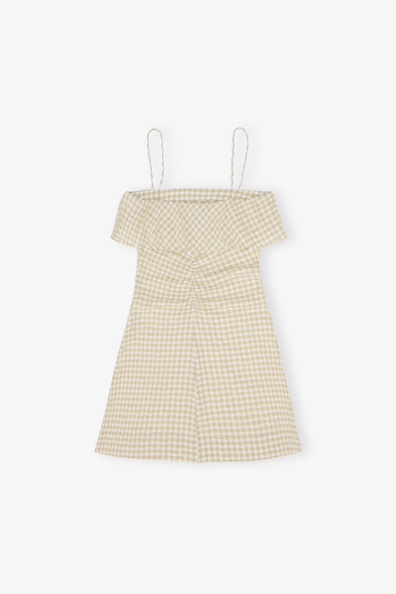 Robe mini &agrave; bretelles en seersucker extensible, Recycled Polyester, in colour Pale Khaki - 2 - GANNI