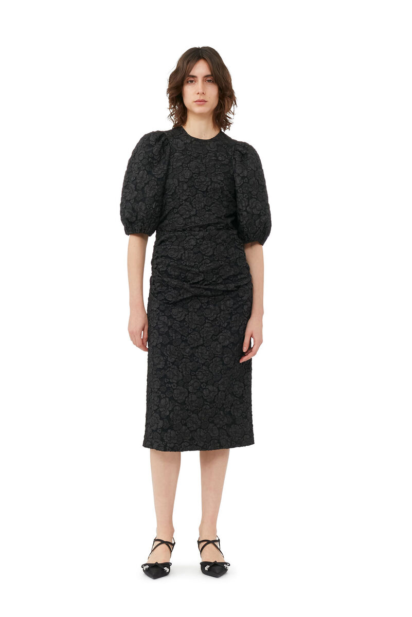 Black Jacquard Puff Sleeves Midi Dress, Polyester, in colour Black - 1 - GANNI