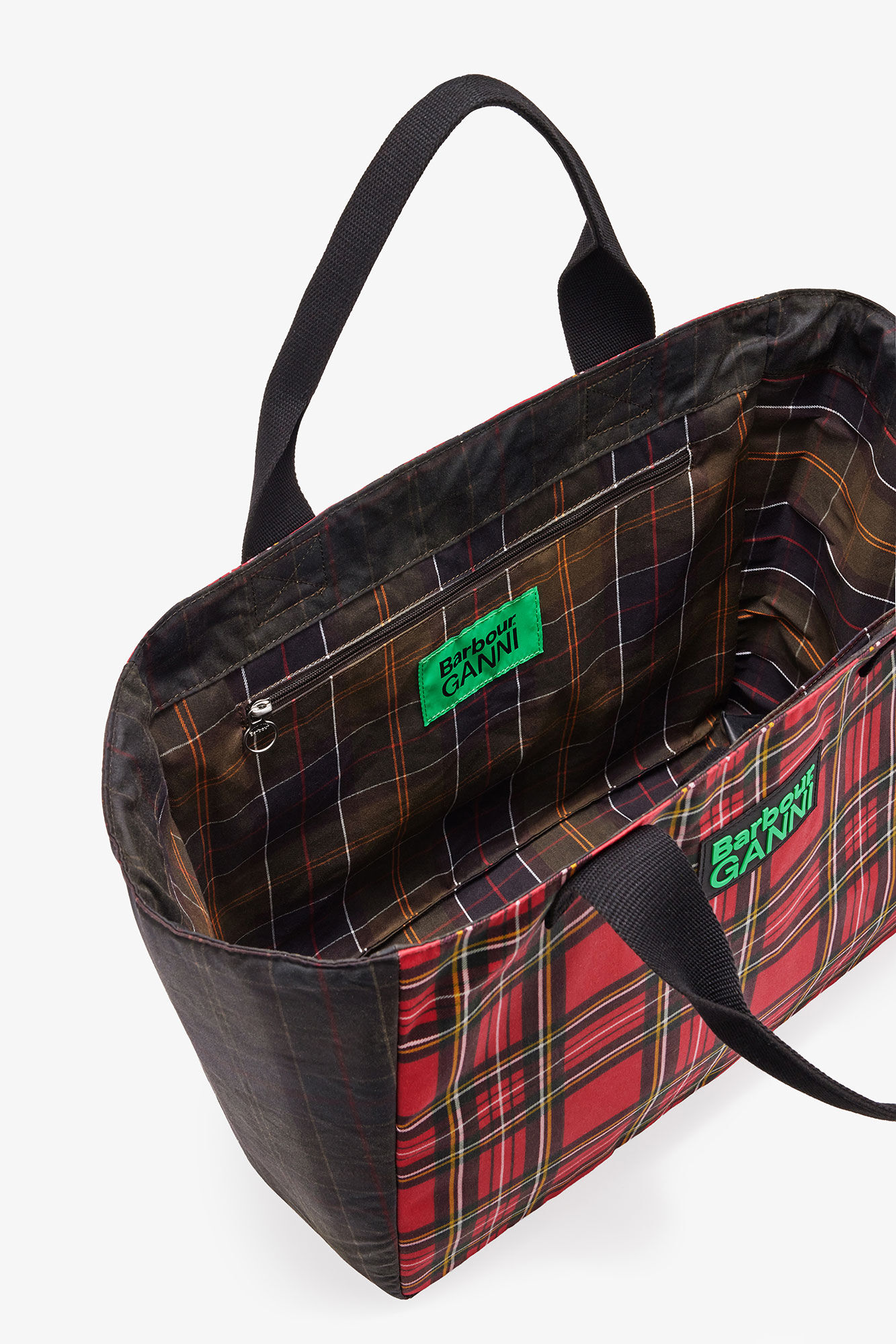 Red Tartan Tote, Cotton, in colour Dark Green - 3 - GANNI