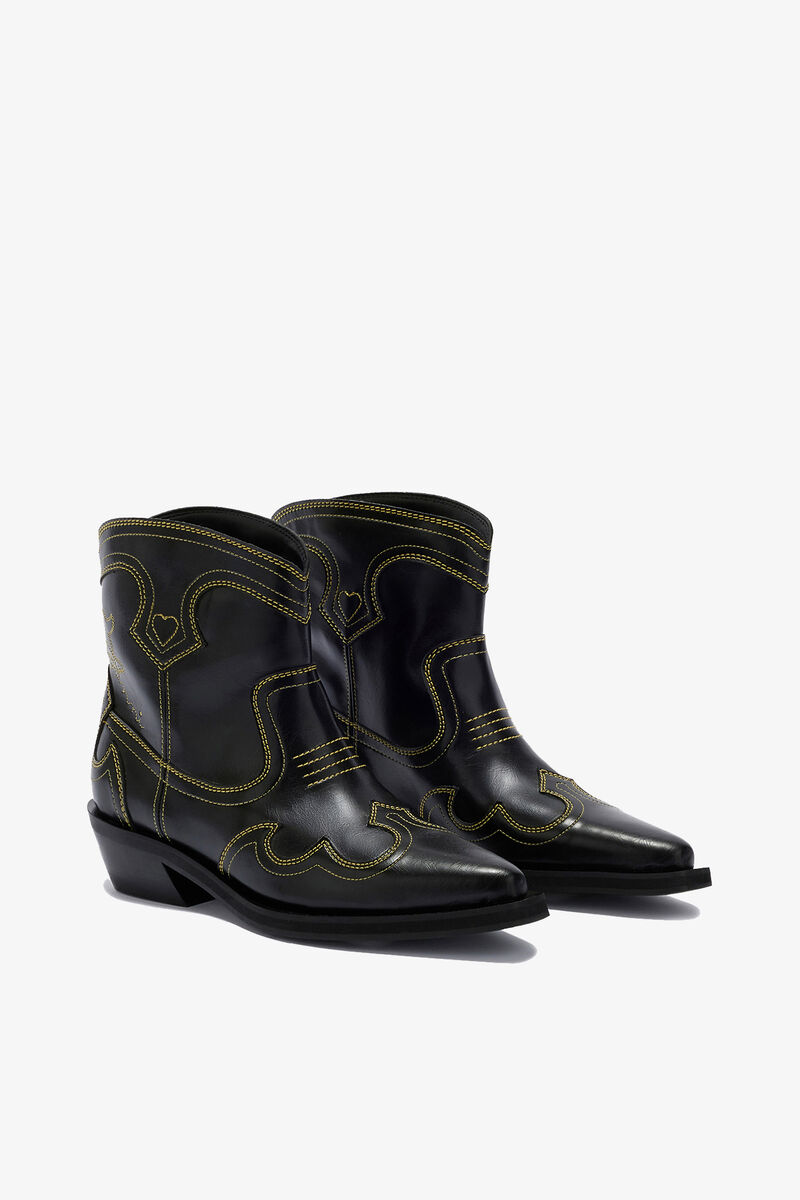 Low Shaft Embroidered Western Boots, Polyurethane, in colour Blazing Yellow - 2 - GANNI