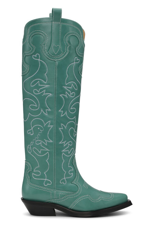 가니 GANNI Green Knee High Embroidered Western Boots,Bottle Green