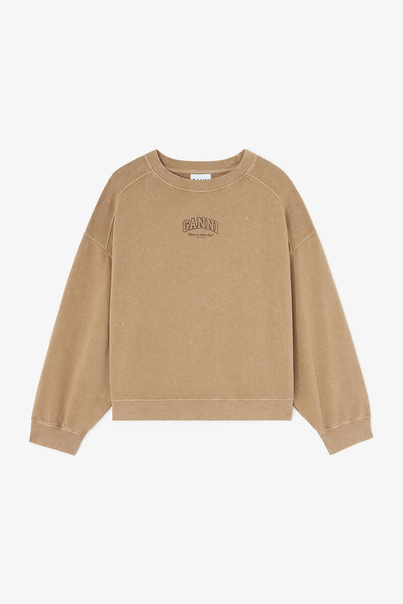 Essentials Crewneck with Washed Effect, Organic Cotton, in colour Coca Mocha - 1 - GANNI