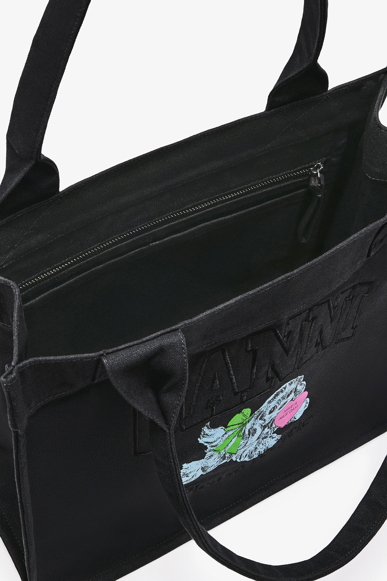 Black Puppy Large Tote, Recycled Cotton, in colour Phantom - 3 - GANNI