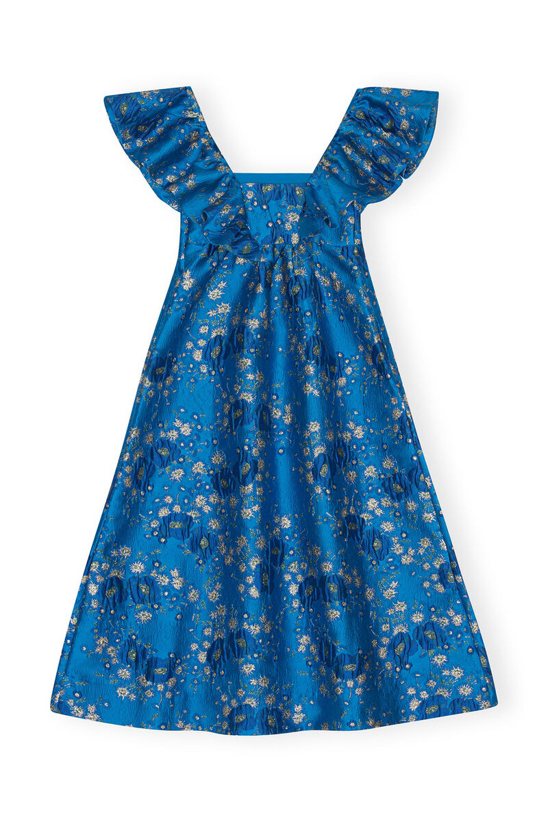 3D Jacquard Ruffle Midi Dress, Elastane, in colour Brilliant Blue - 2 - GANNI