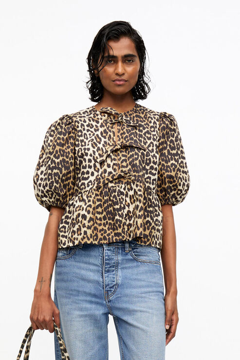 Ganni Leopard Cotton Poplin Peplum Tie Blouse Size 20 Women's Organic Cotton