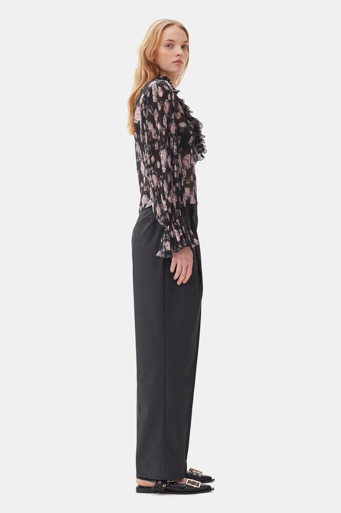 Floral Printed Pleated Georgette Blouse, Recycled Polyester, in colour Phantom - 3 - GANNI