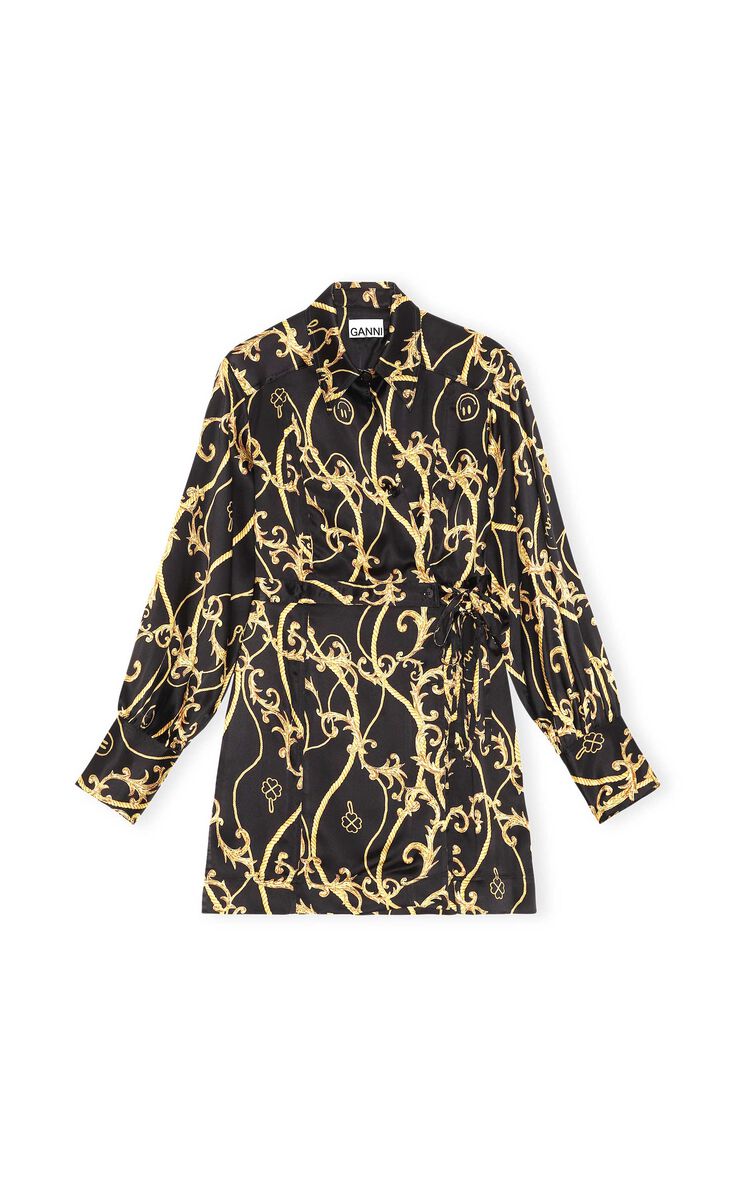 Silk Stretch Satin Panel Shirt Wrap Dress, Elastane, in colour Black - 1 - GANNI