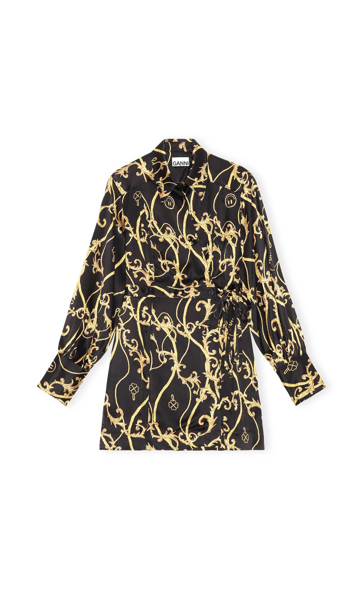Silk Stretch Satin Panel Shirt Wrap Dress, Elastane, in colour Black - 1 - GANNI