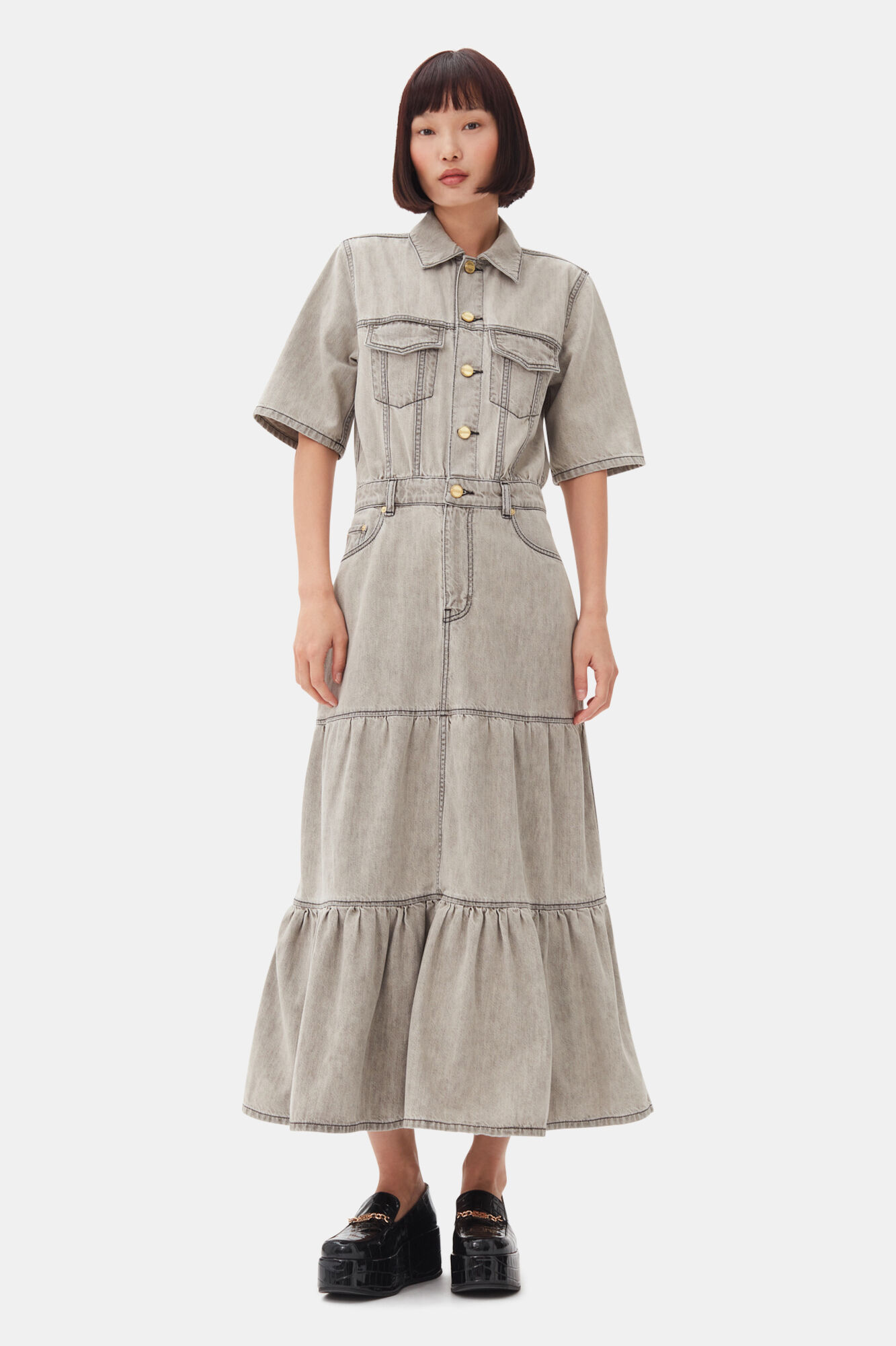 Grey Future Long Denim Dress, Organic Cotton, in colour Gray Quill - 1 - GANNI