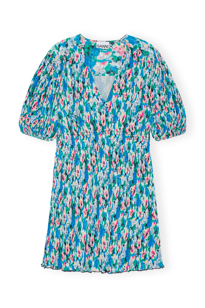 Pleated Georgette V-neck Mini Dress, Floral Azure Blue