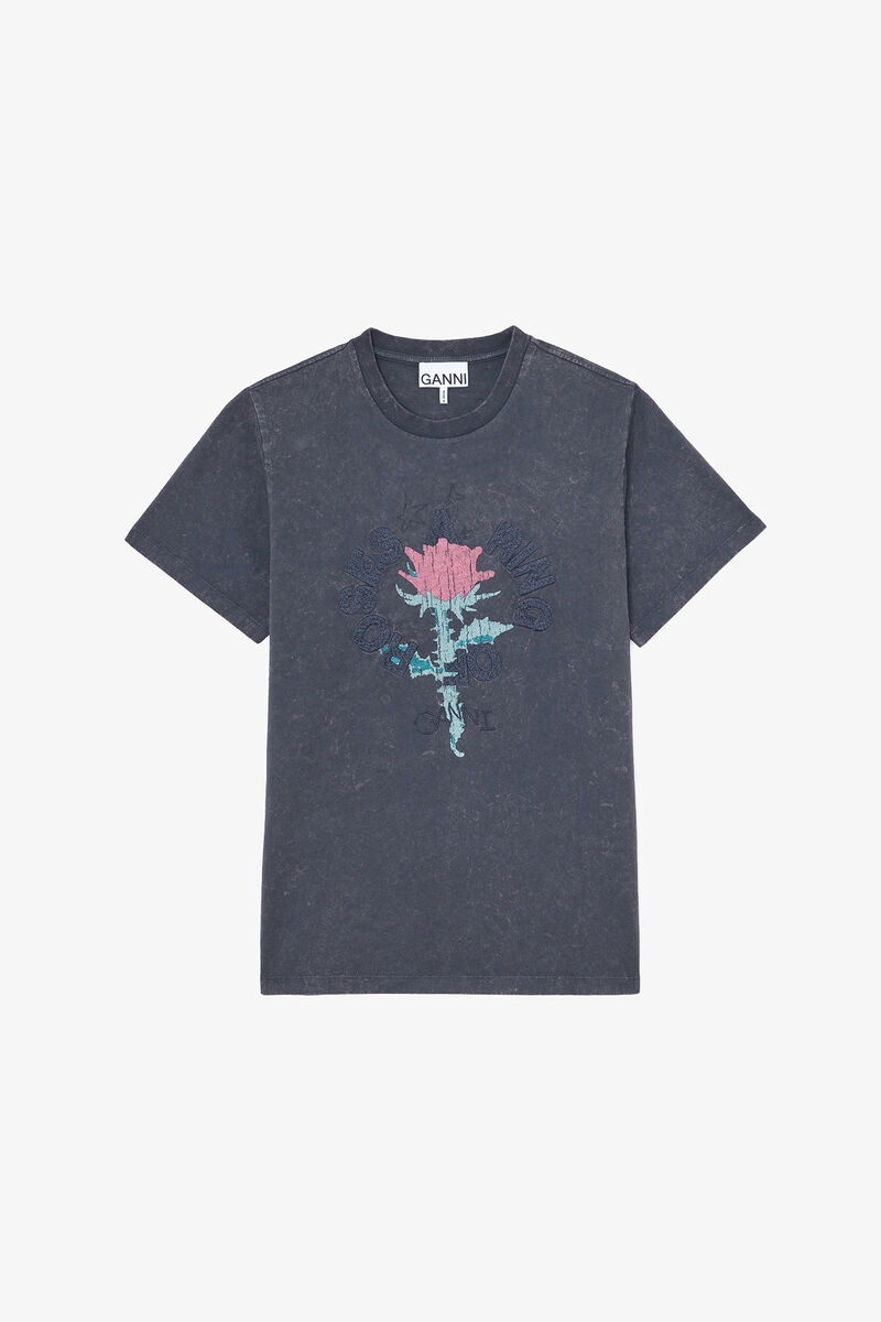 T-shirt with Rose, Recycled Cotton, in colour Phantom - 1 - GANNI