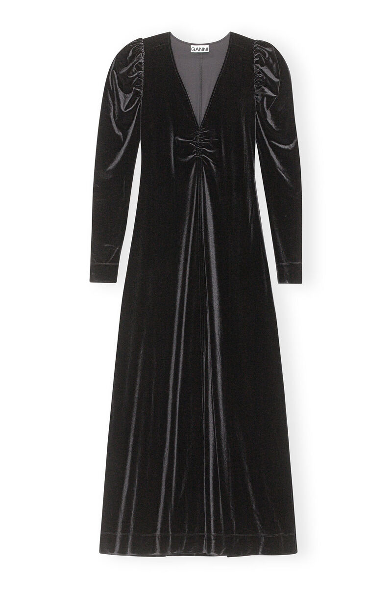 Velvet Long Dress, Recycled Polyester, in colour Black - 1 - GANNI