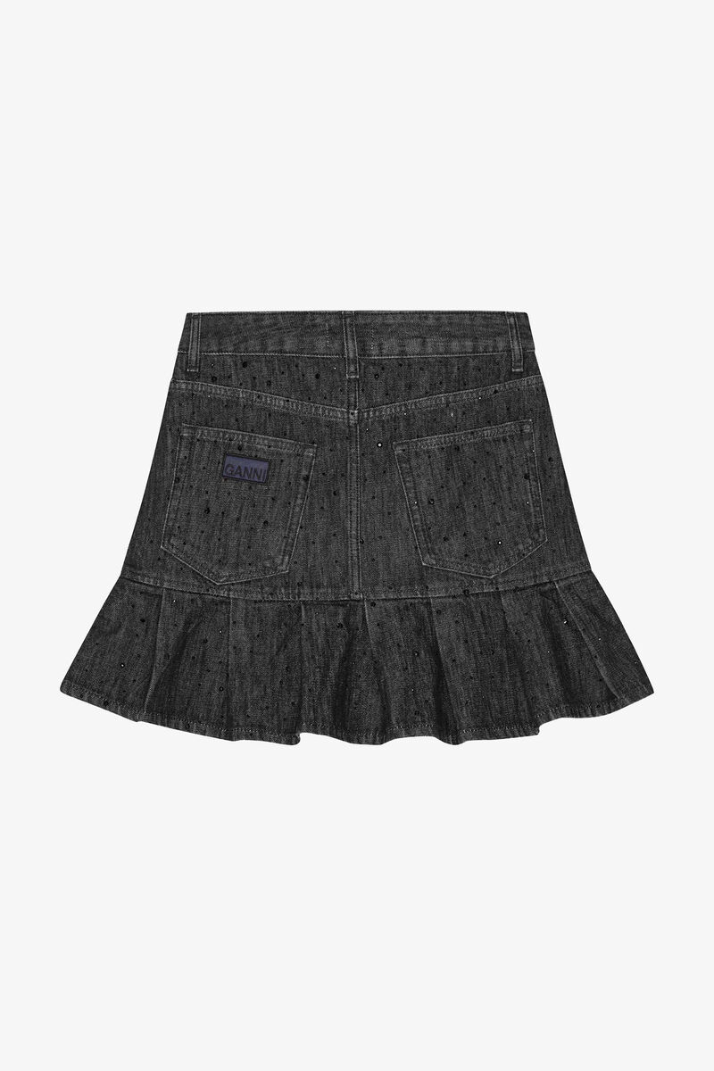 Glittrig Denim Plisserad Kjol, Cotton, in colour Washed Black/Black - 2 - GANNI