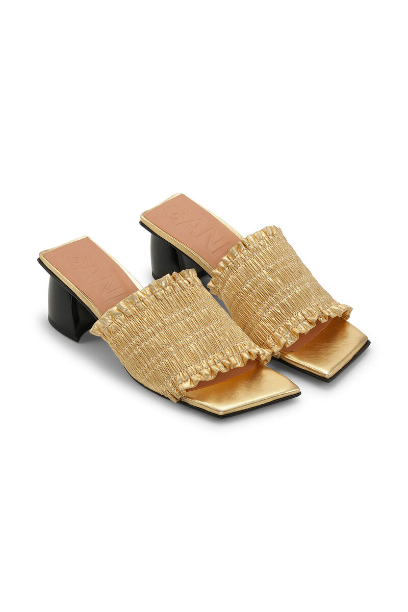 Gold Smock Mid Heel Mules, Recycled Polyester, in colour Gold - 3 - GANNI