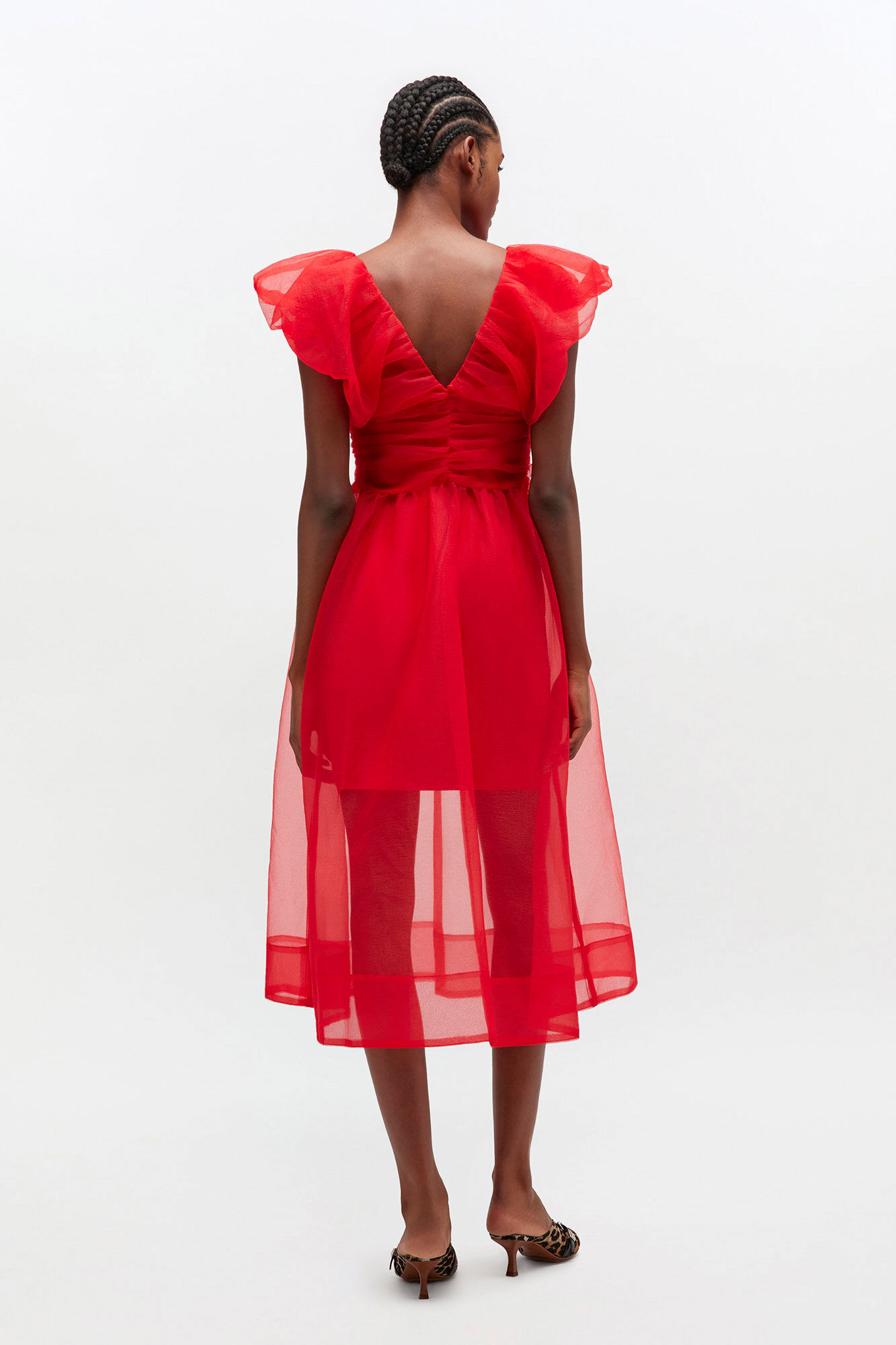 Red Organza Ruched Dress, in colour Mars Red - 2 - GANNI