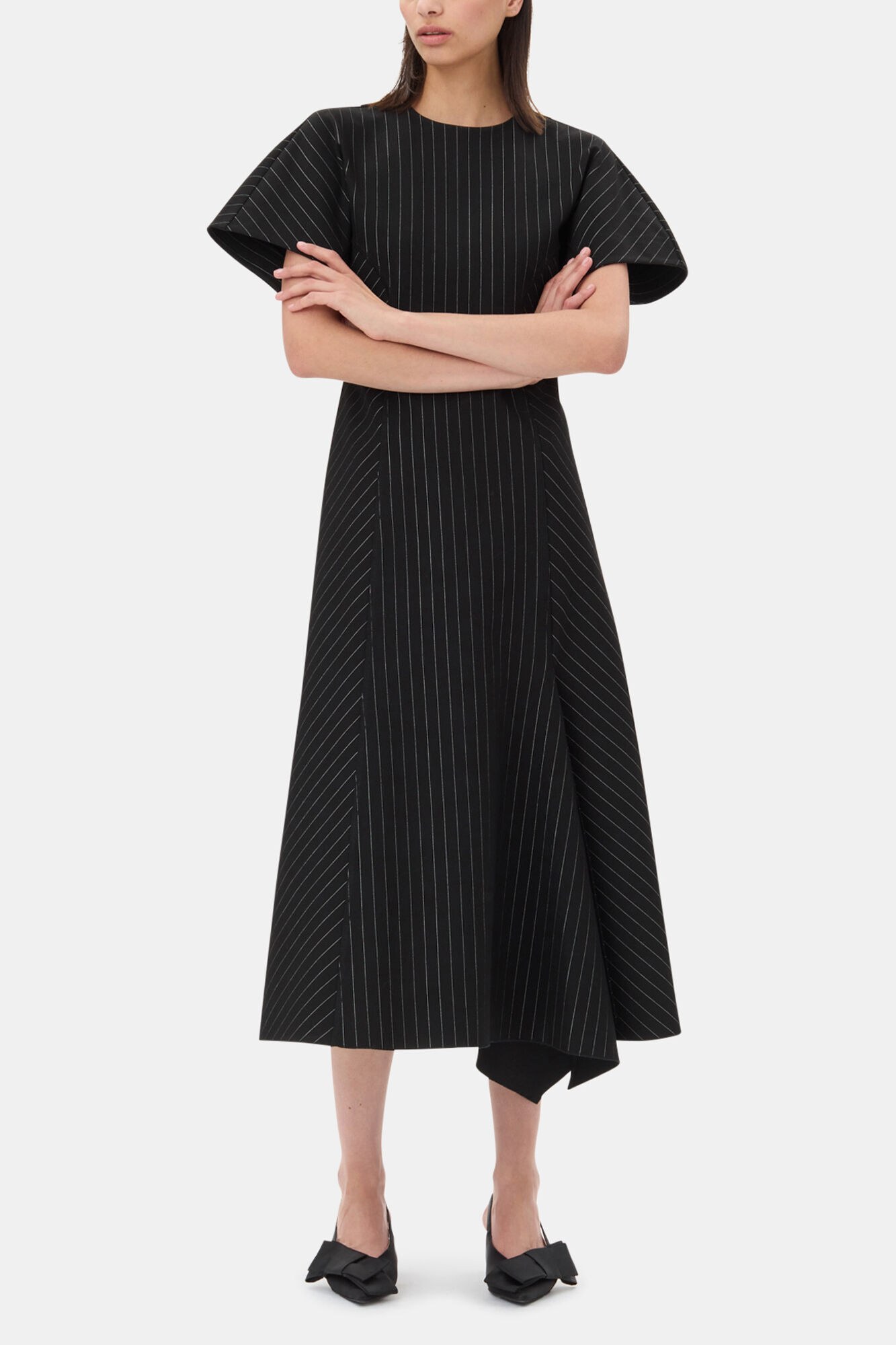 Black Pinstripe Long Dress, LENZING&trade; ECOVERO&trade;, in colour Black - 1 - GANNI