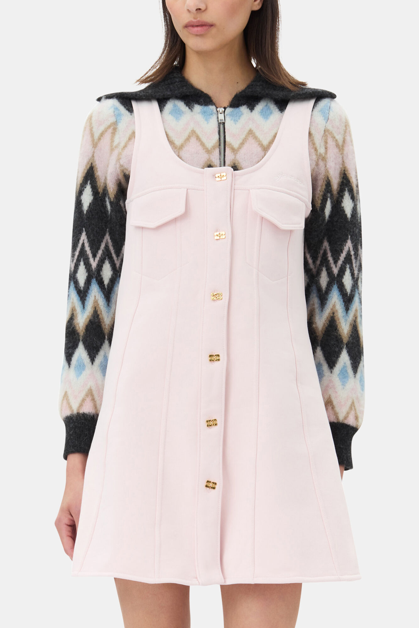 Pink Mini Dress, Organic Cotton, in colour Chalk Pink - 2 - GANNI