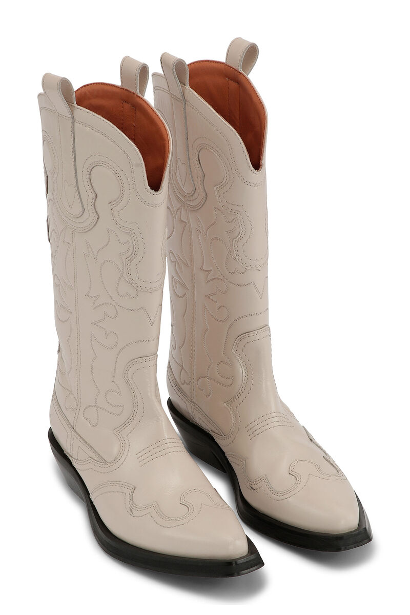 White Mid Shaft Embroidered Western Boots, Calf Leather, in colour Egret - 3 - GANNI