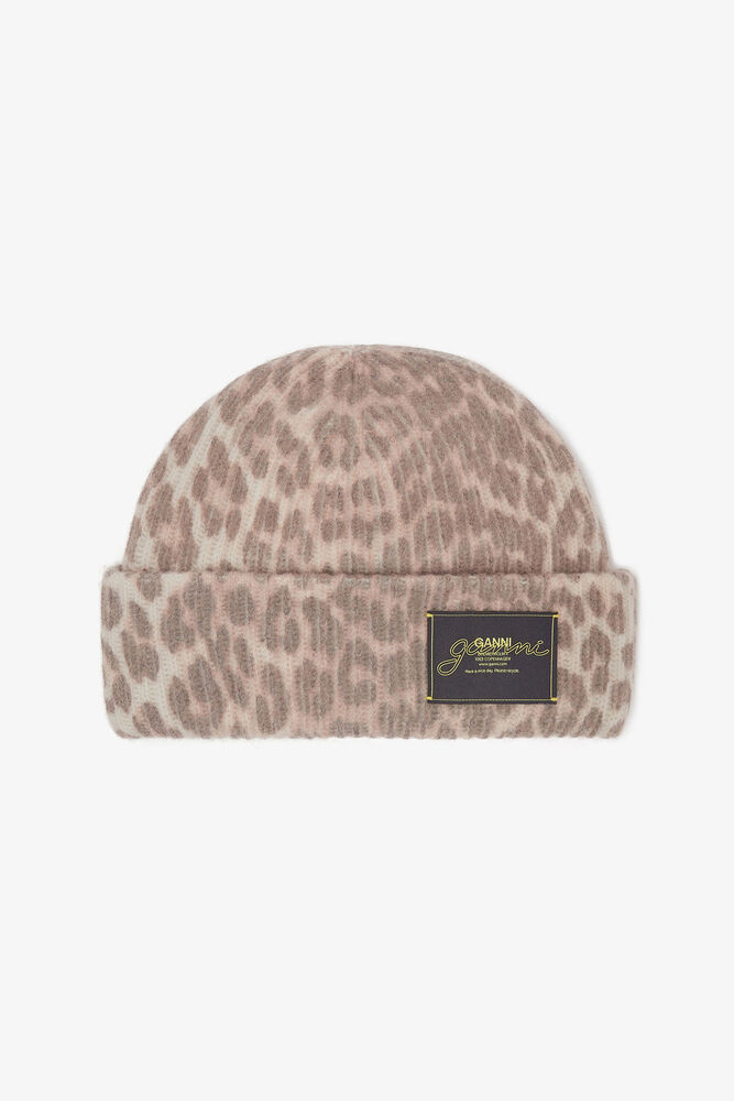 Oversized Wool Rib Knit Beanie, Leopard