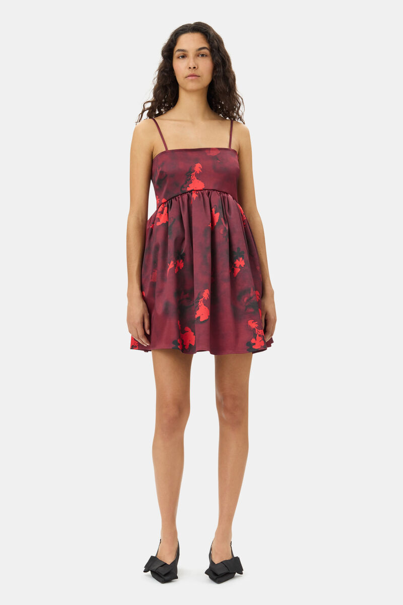 Red Floral Print Satin Strap Mini Dress, Elastane, in colour Winery - 1 - GANNI