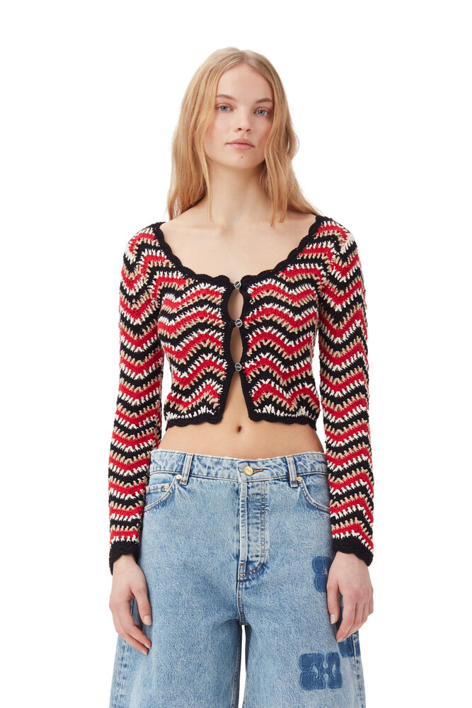 GANNI Red Cotton Crochet Cardigan,Racing Red