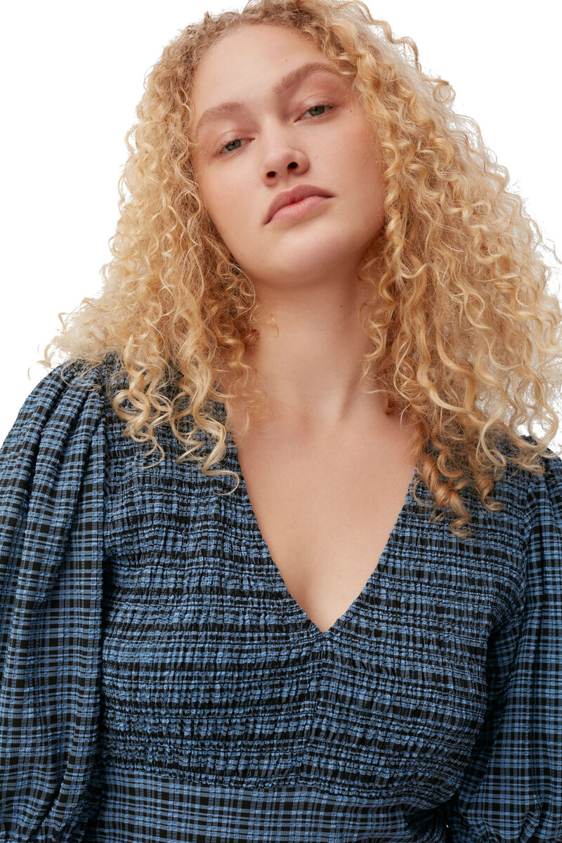 Seersucker Midi Dress, Elastane, in colour Mini Check Granada Sky - 3 - GANNI