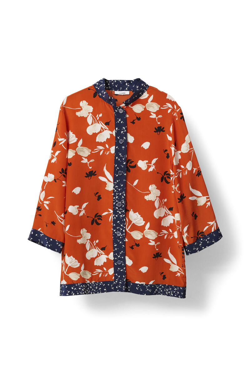 Sachi Silk Shirt, in colour Red Clay Flower - 1 - GANNI