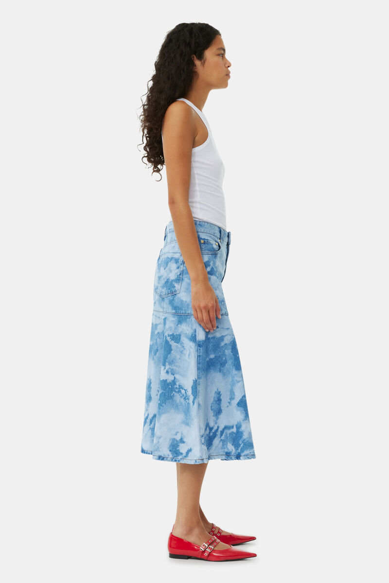Blue Bleach Denim Flounce Midi Nederdel, Cotton, in colour Light Blue Stone - 3 - GANNI