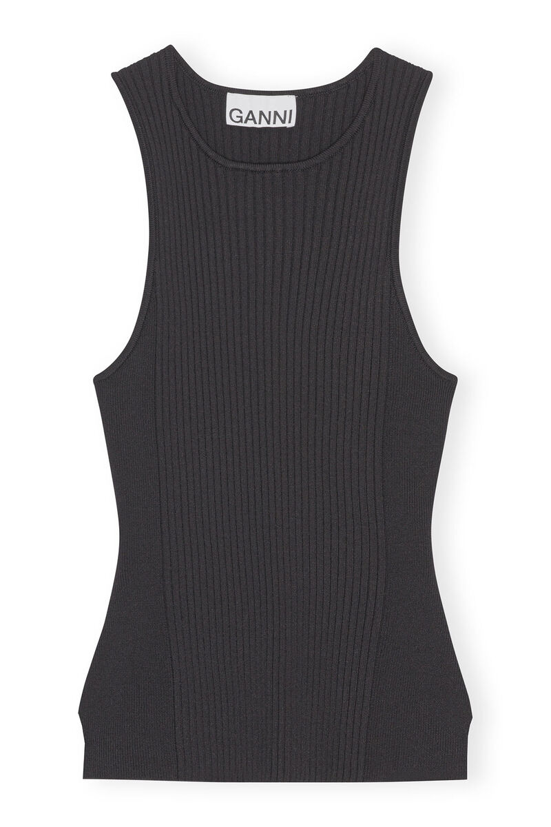Black Sleeveless Melange Top, Elastane, in colour Black - 1 - GANNI