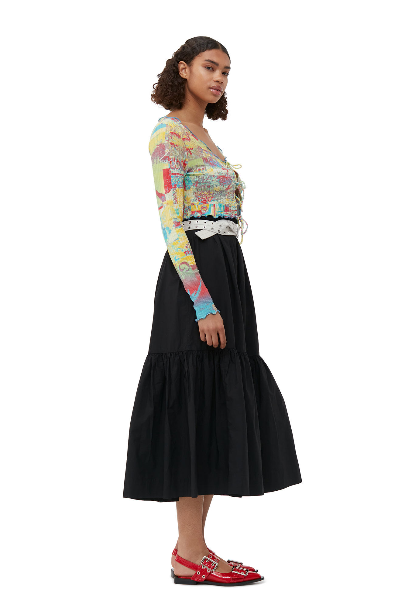 Printed Rib Jersey Cropped Blouse, Elastane, in colour Multicolour - 4 - GANNI
