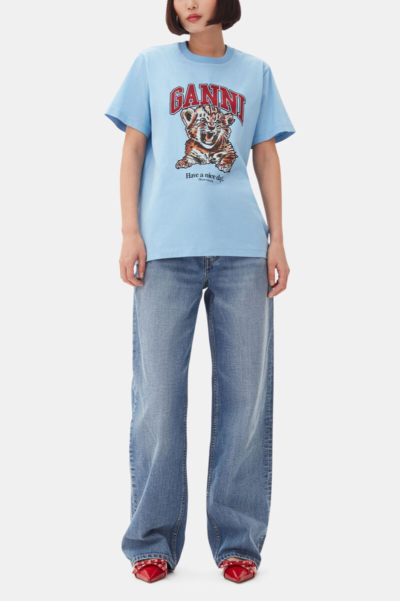 T-shirt en jersey basique bleu &agrave; imprim&eacute; tigre, Organic Cotton, in colour Blissful Blue - 2 - GANNI