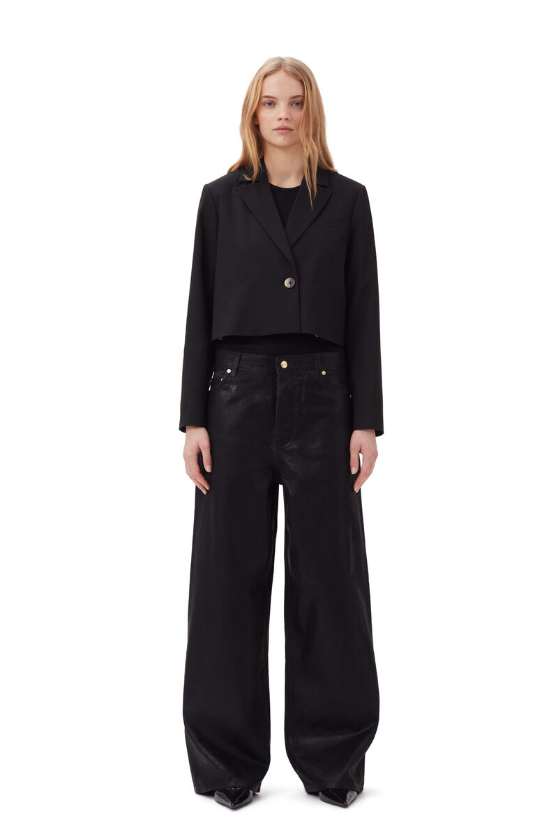 Black Drapey Melange Short Blazer, Elastane, in colour Black - 2 - GANNI