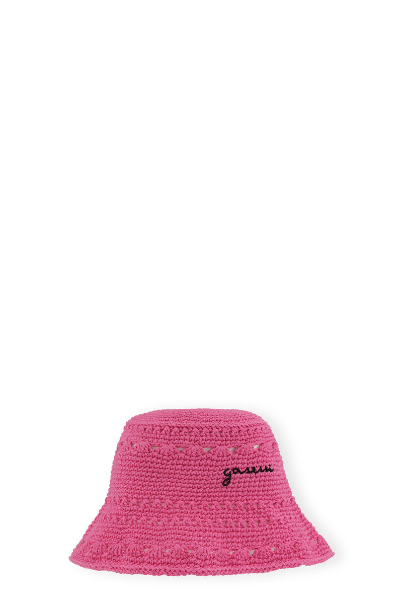 Crochet Bucket Hat, Cotton, in colour Shocking Pink - 1 - GANNI
