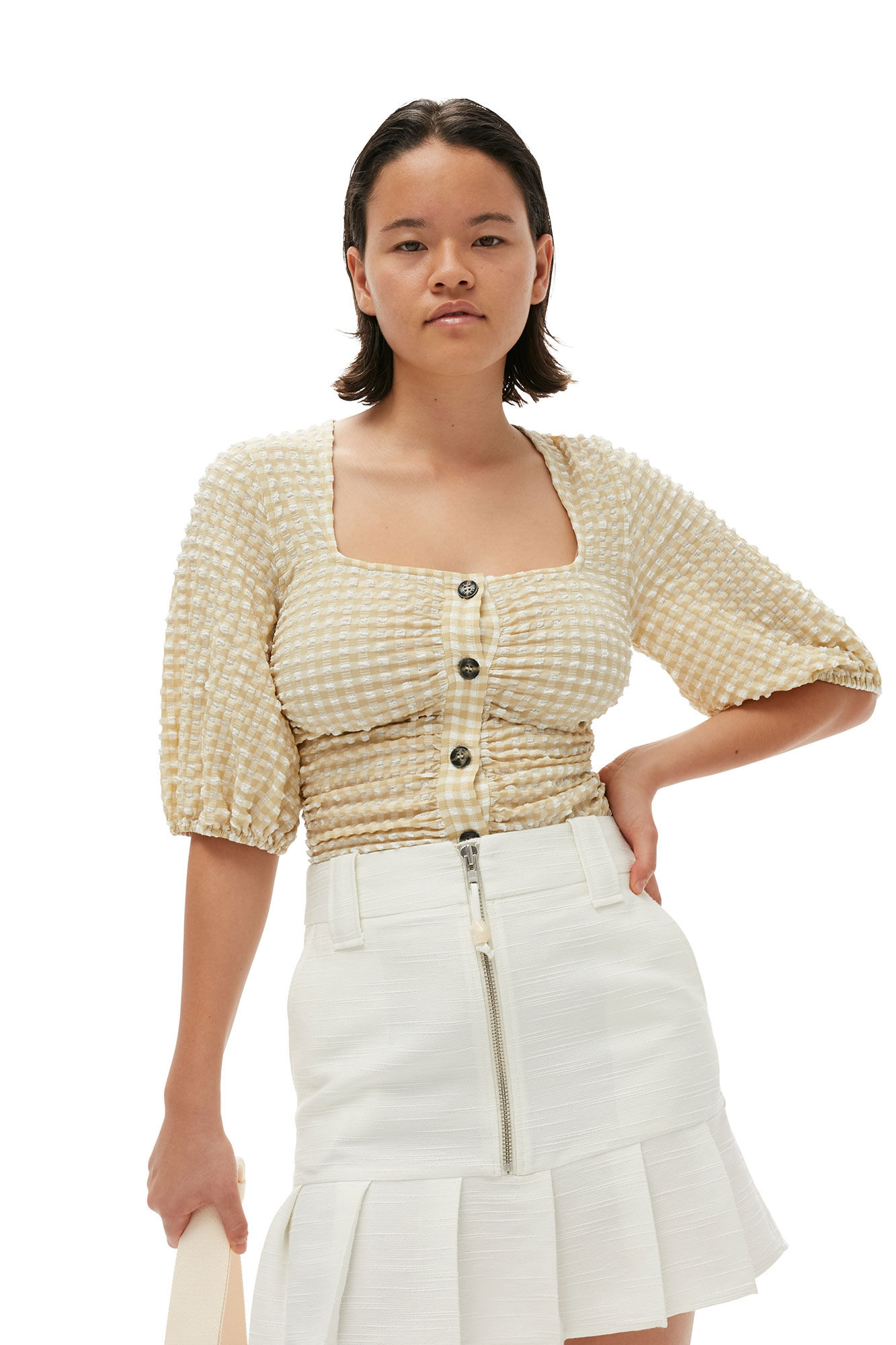 Slub Linen Mini Skirt, LENZING™ ECOVERO™, in colour Egret - 3 - GANNI