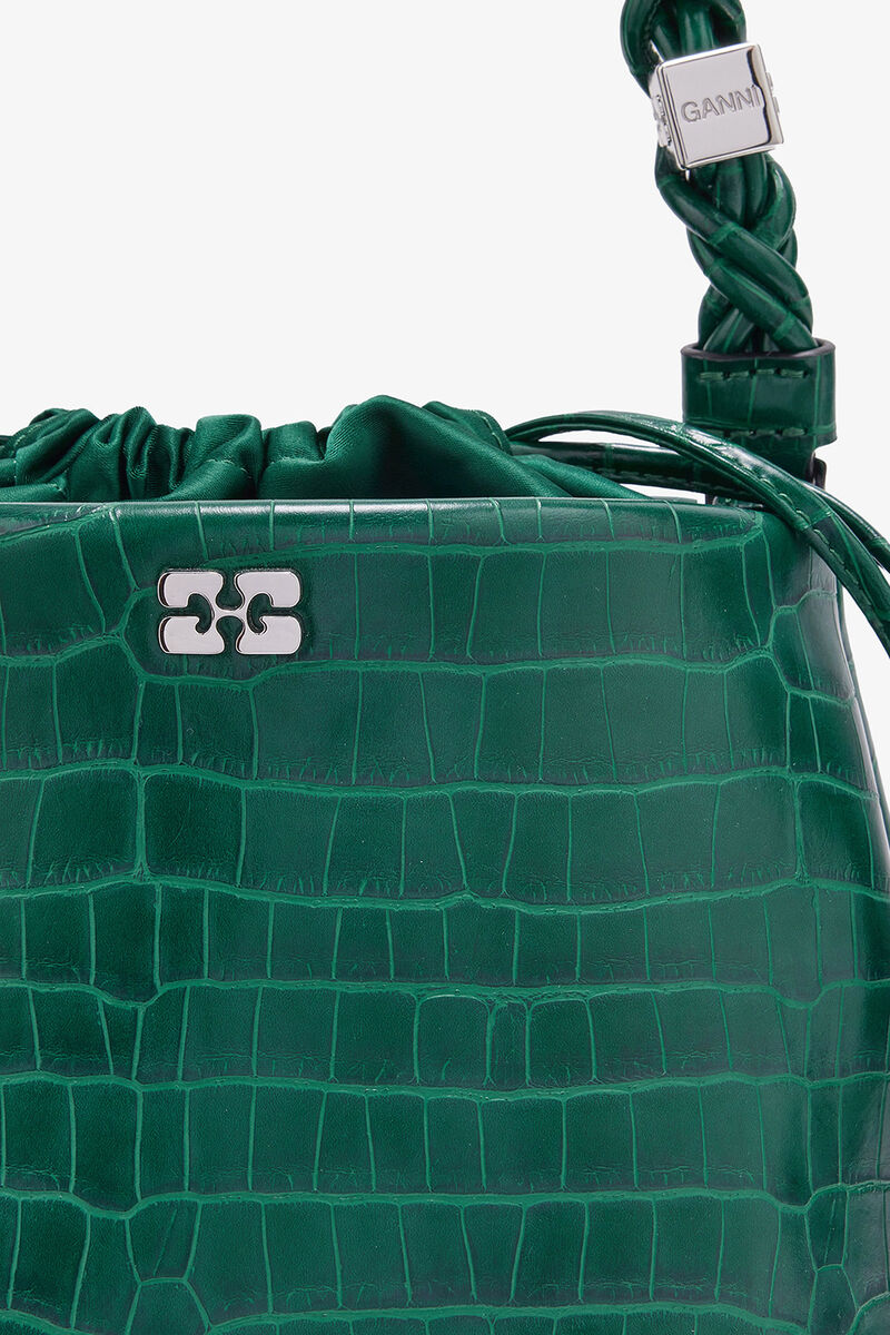Green Patent Croco Bou Bucket Bag, Lyocell, in colour Pineneedle - 3 - GANNI