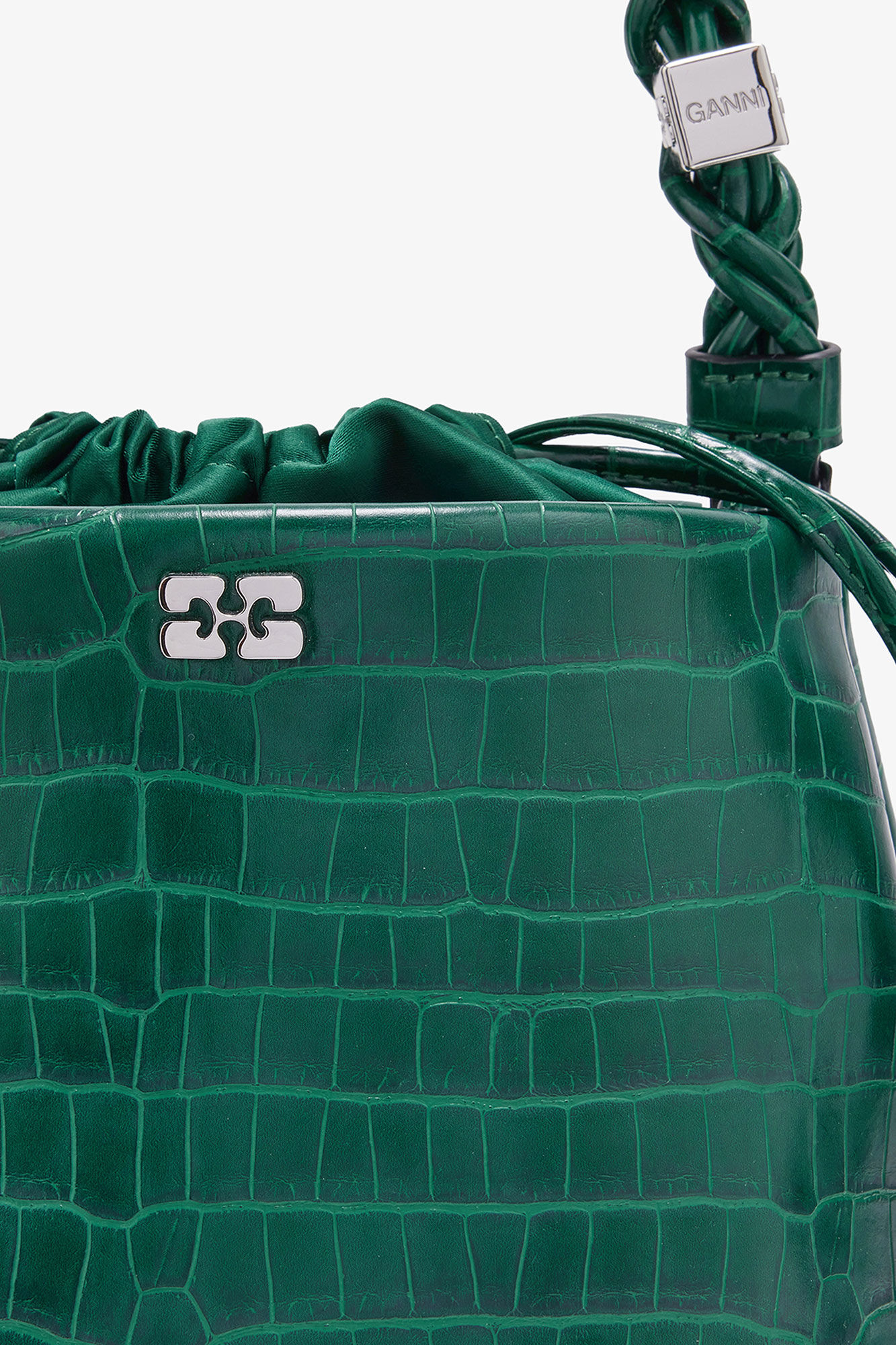 Green Patent Croco Bou Bucket Bag, Lyocell, in colour Pineneedle - 3 - GANNI