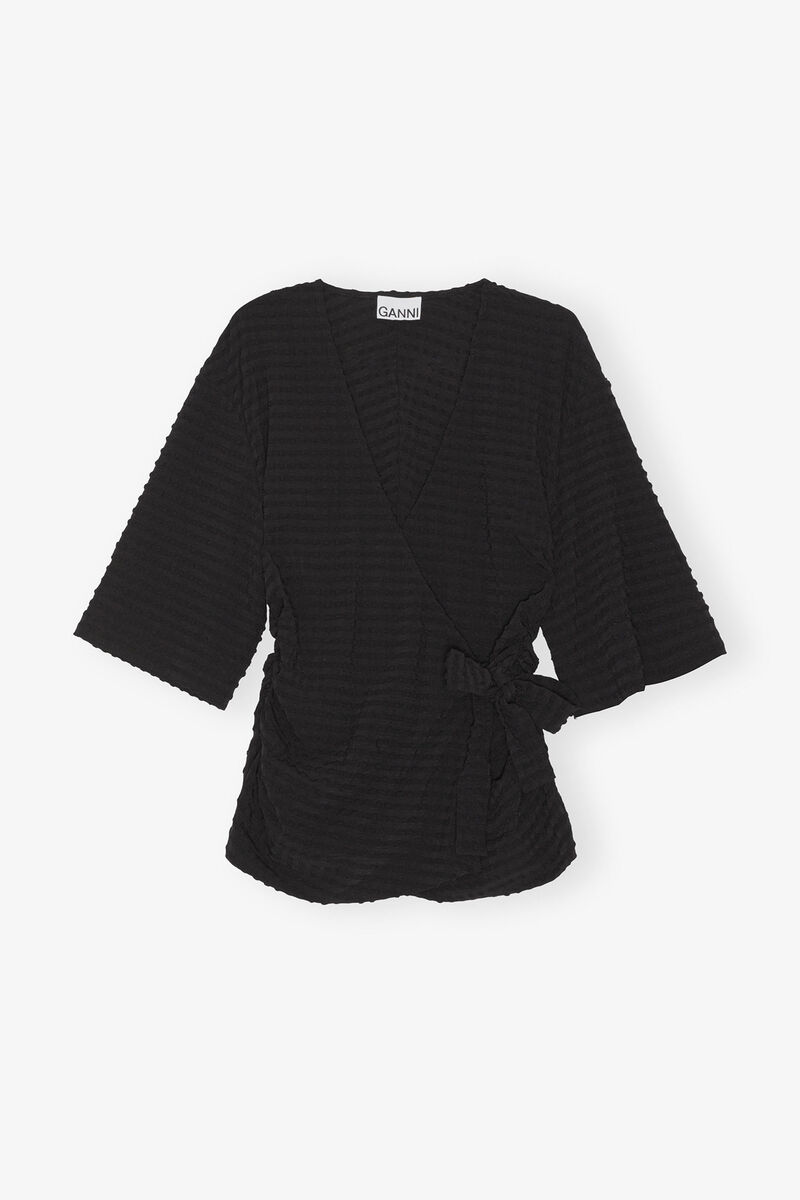 Black Stretch Seersucker Wrap Blouse, Elastane, in colour Black - 3 - GANNI