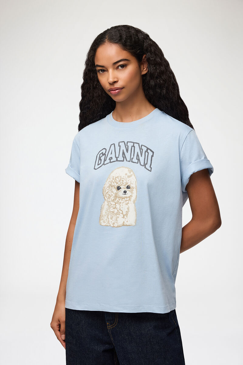 T-shirt with Poodle, Organic Cotton, in colour Soft Chambray - 1 - GANNI