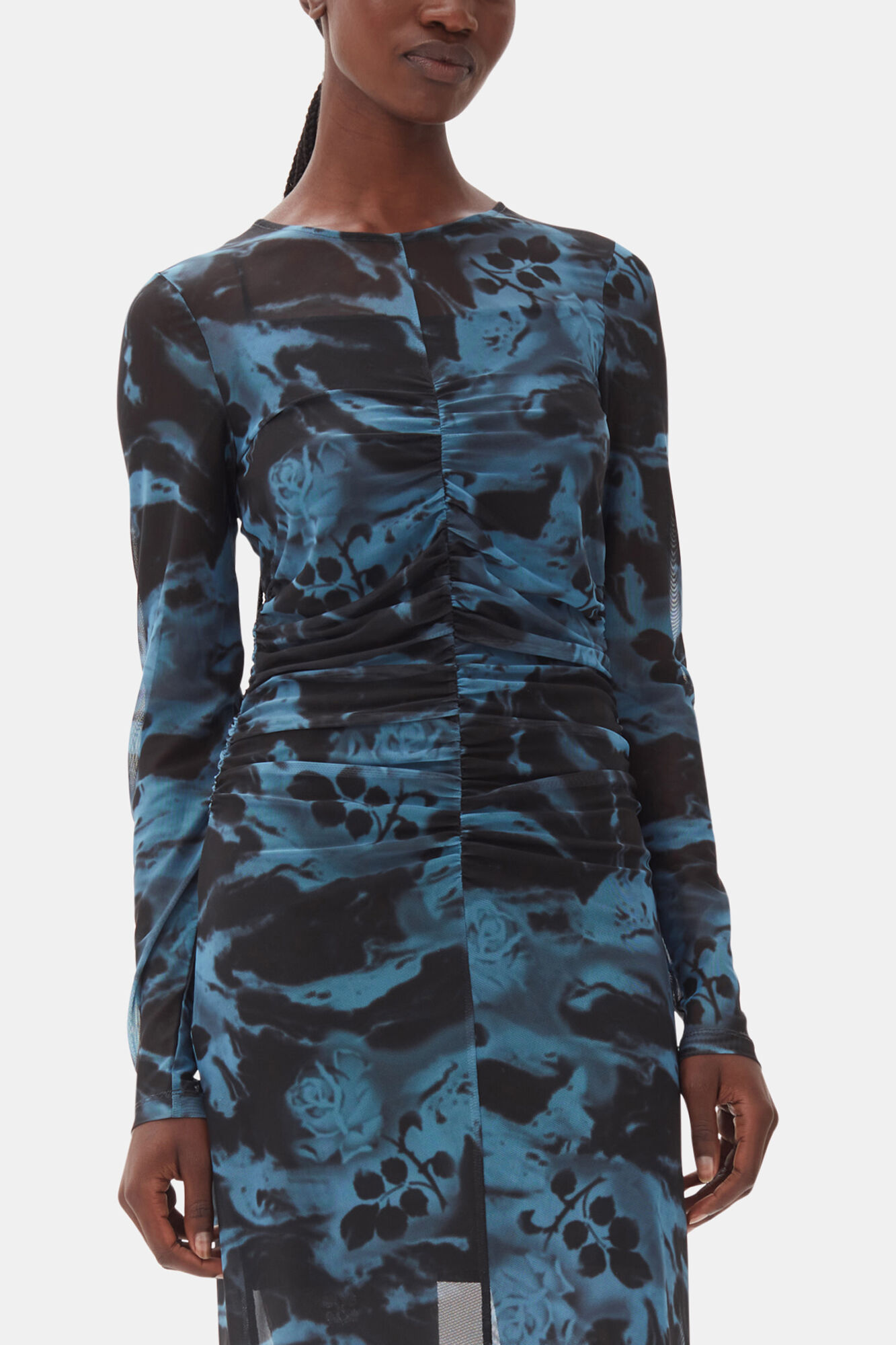 Blue Printed Mesh O-neck Ruched Long Dress | GANNI US