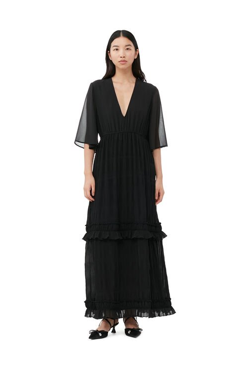 Ganni Black Short Sleeve Pleated Georgette Maxi Dress Size 14 Polyester Women's In Black