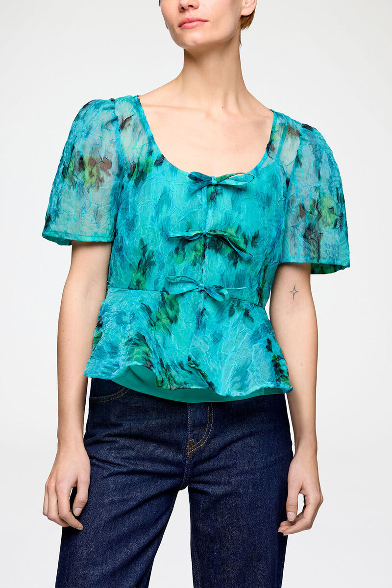 Peplum Blouse in Shibori Organza, Recycled Polyester, in colour Baltic - 2 - GANNI