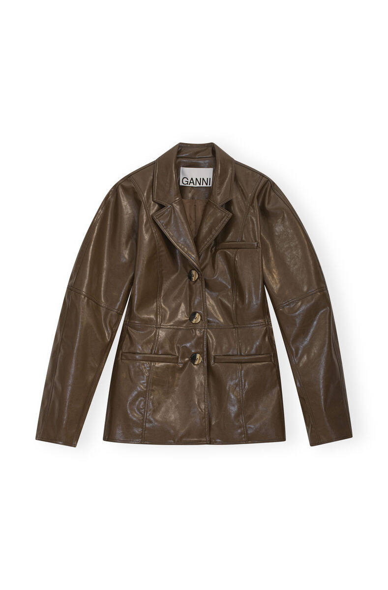 Brown Patent Blazer, Polyurethane, in colour Teak - 1 - GANNI
