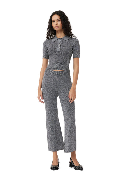 Ganni Grey Melange Rib Cropped Trousers In Black