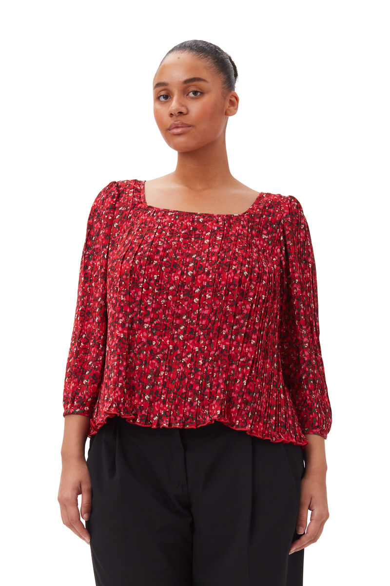Red Pleated Georgette Blouse, Recycled Polyester, in colour Racing Red - 5 - GANNI