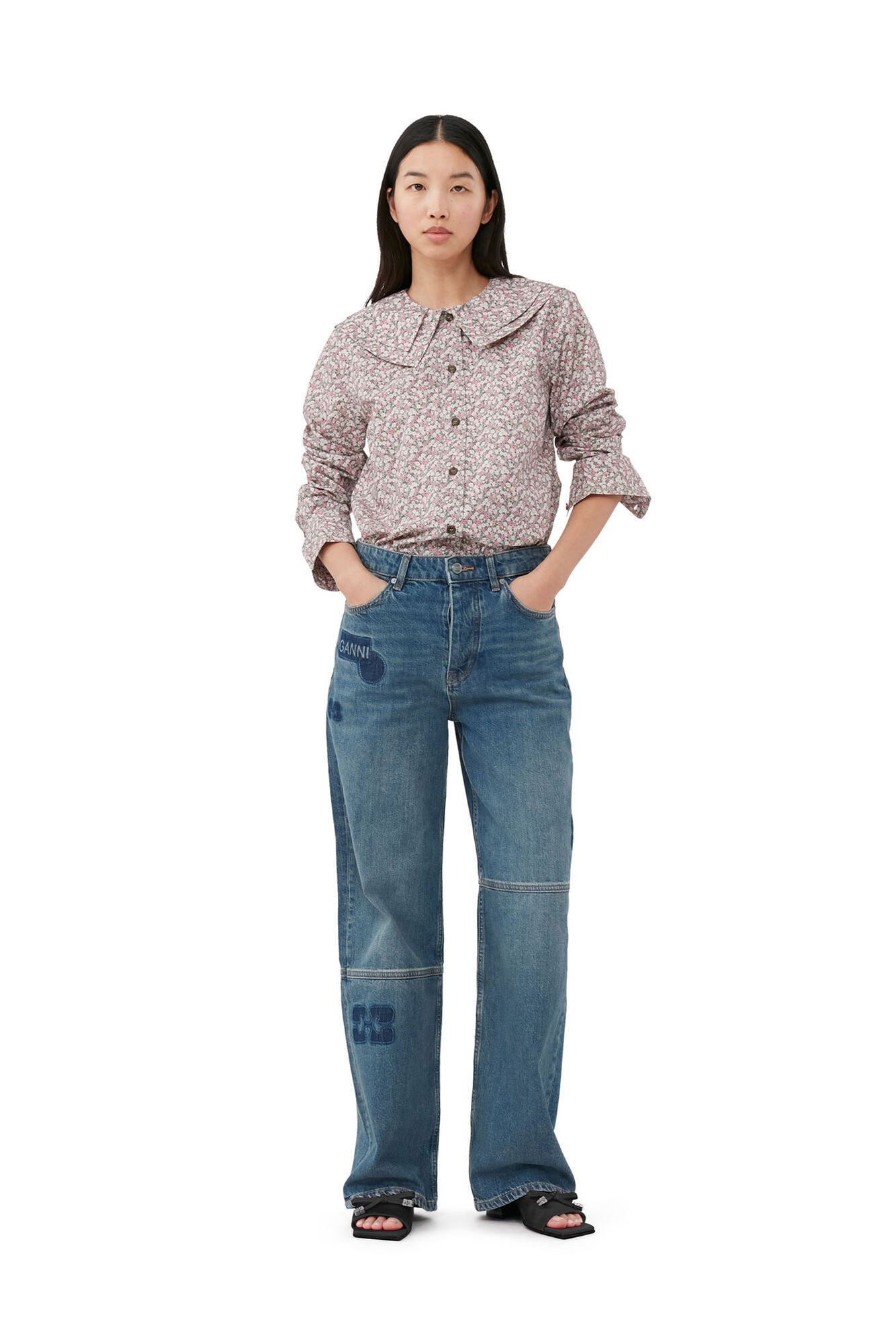 Printed Cotton Double-Collar Shirt, Cotton, in colour Frost Gray - 1 - GANNI