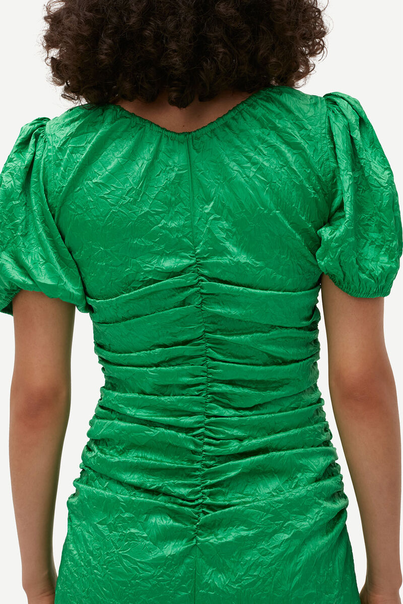 Green Crinkled Satin Midi Dress, Elastane, in colour Bright Green - 8 - GANNI