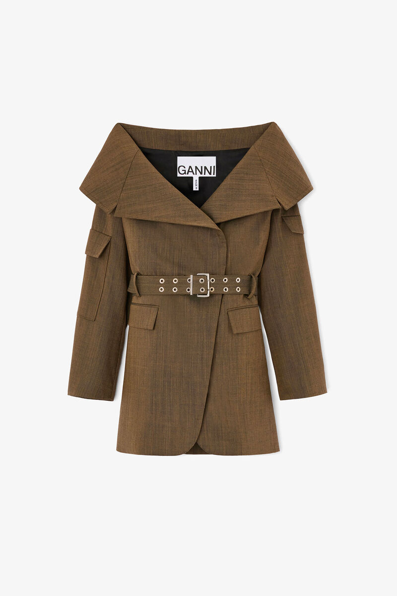 Blazer in Brown Wool Melange, Recycled Wool, in colour Canteen - 1 - GANNI