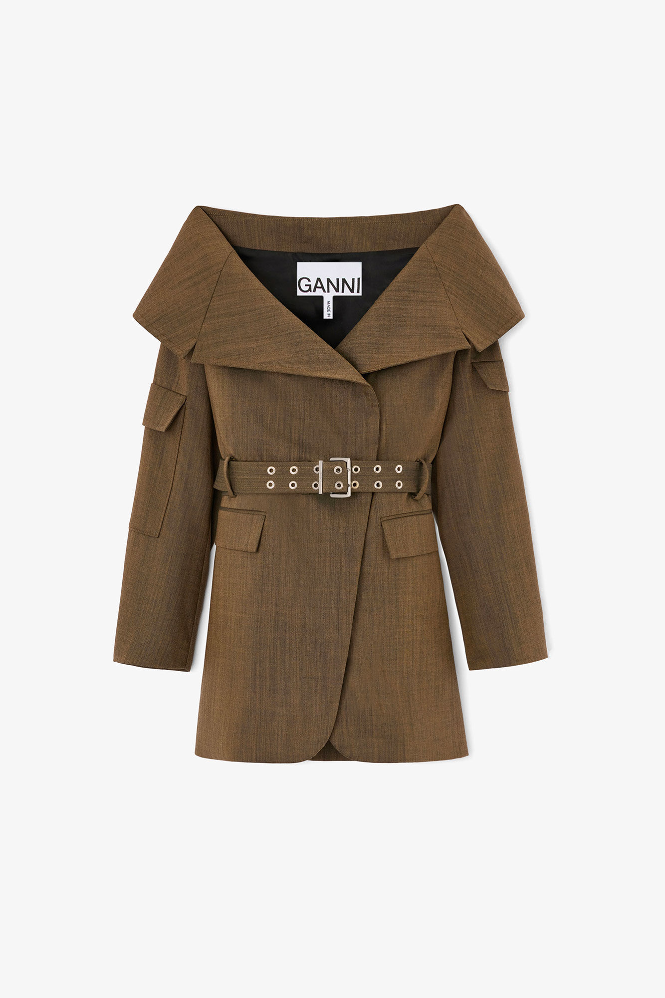 Blazer in Brown Wool Melange, Recycled Wool, in colour Canteen - 1 - GANNI